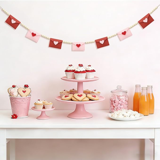 Valentines Day Decorations, Felt Heart and Envelope Garland with Wooden Beads, Valentines Day Garland for Mantle, Heart Decorations, Banner, Fireplace, Wall, Party (Openable Envelope)