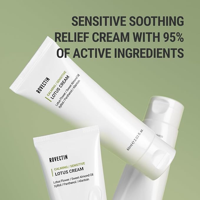 ROVECTIN Calming Lotus Water Cream - Lightweight Moisturizer Face Cream for Oily, Combination Skin | 75% Lotus Water Extract For Skin Purifying, Anti-Aging | Vegan Korean Skincare (2.03 fl oz, 60ml)