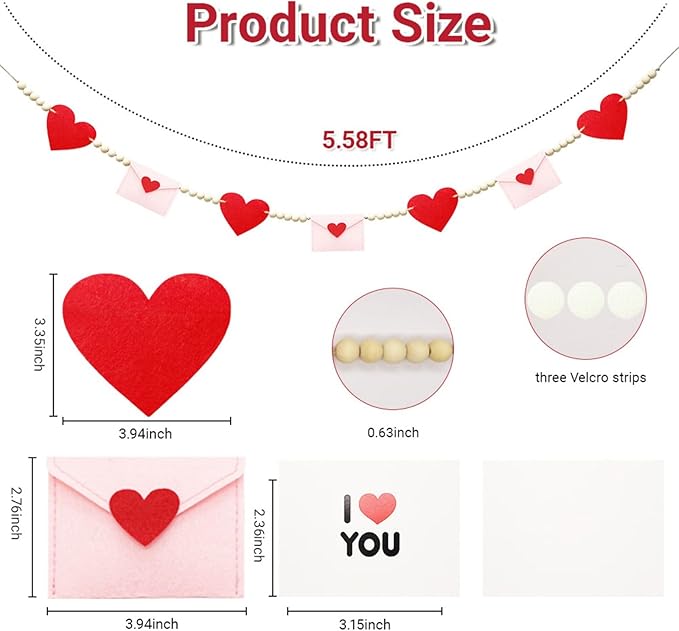 Valentines Day Decorations, Felt Heart and Envelope Garland with Wooden Beads, Valentines Day Garland for Mantle, Heart Decorations, Banner, Fireplace, Wall, Party (Heart and Envelope)