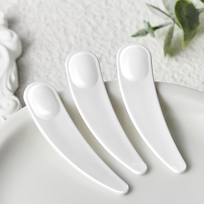TUZAZO 200pcs Mini Spatula for Cosmetics, Bulk Disposable Makeup Spatulas Mini Plastic Makeup Scoop Spatulas for Cosmetic Mixing and Sampling (White with Storage Box)