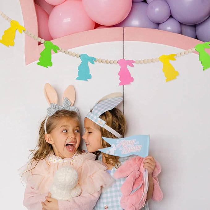 4.2 FT Easter Decorations Garland, Cute Easter Bunny Wood Bead Garland Banner for Fireplace Wall Mantle Home Indoor Outdoor Spring Decor
