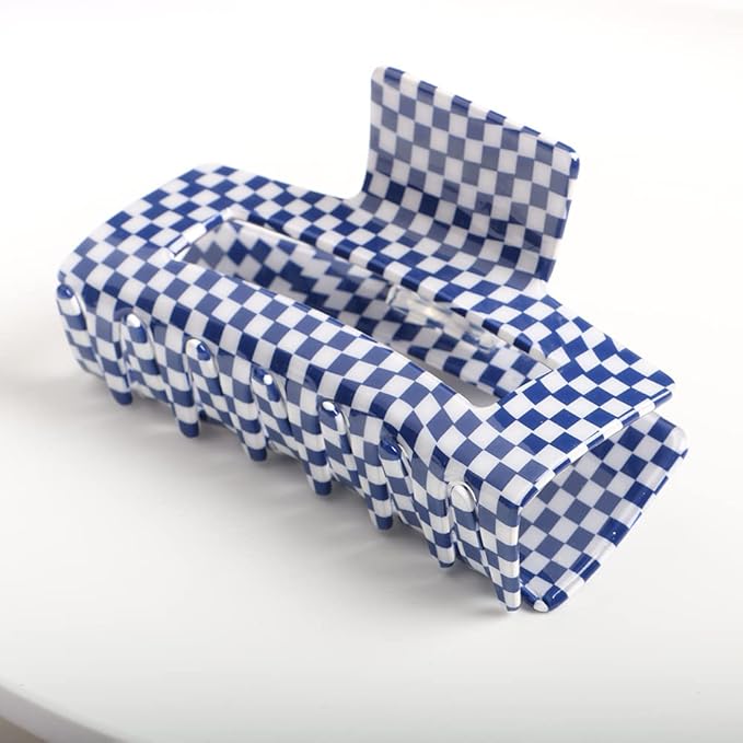 Vintage Checkered Cellulose Acetate Hair Claw Clips for Women and Girls, Pack of 1 - Nonslip Banana Clamp (Blue, L)
