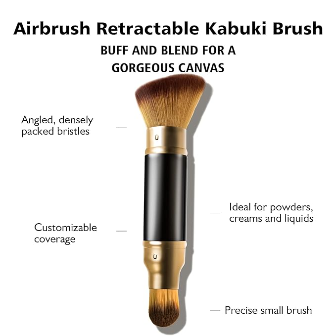 Retractable Airbrush Kabuki Brush for All Face Makeup & Foundation for Liquid, Cream and Powder Face Makeup, Dual-Ended Brush for Precision Natural Beautiful Look, With Aluminum Handle - Black