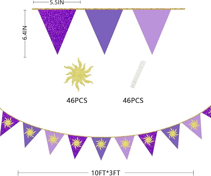 30Ft Purple Sun Party Decorations Purple Pennant Banner Flag Hanging Paper Triangle Bunting with Gold Sun for Birthday Baby Shower Bridal Shower Wedding Bachelorette Engagement Lavender Party Supplies