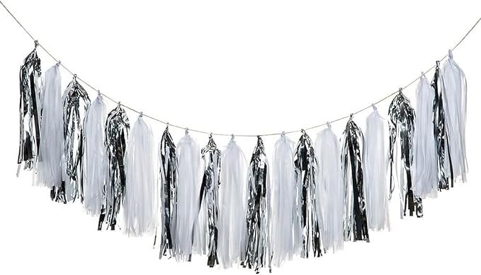 Silver and White Tassel Garland,Paper Tassel Banner,Table Decor,White Silver Tissue Tassels Party Decor Supplies for Party,DIY Kits - (20 PCS)