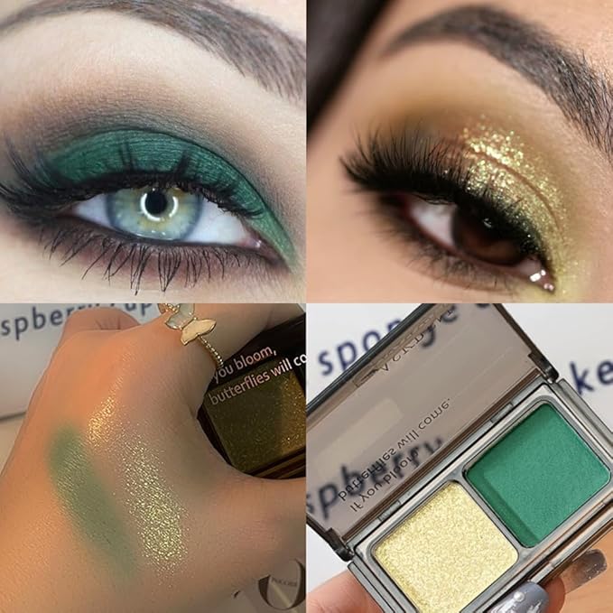 Golden Green Two Color Matte Shimmer Glitter Eyeshadow Palette,Eye Shadow Powder Professional Long-Lasting Waterproof Makeup Palette,Easy-To-Apply and Compact for Travel,Vegan & Cruelty-Free