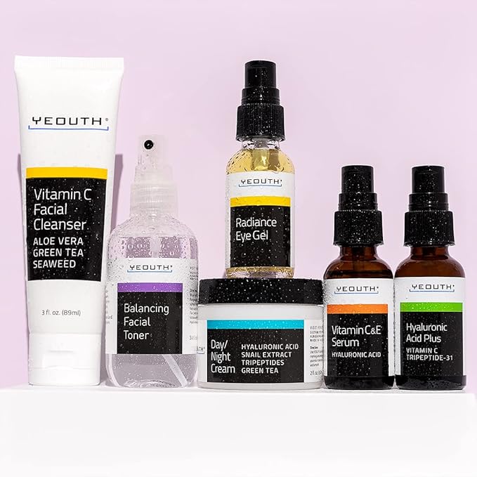 YEOUTH Skin Care Set: Hyaluronic Acid Serum, Vitamin C Serum, Face Cleanser, Toner, Under Eye Gel, Face Cream, 6-Piece Skincare Kit For Women & Men