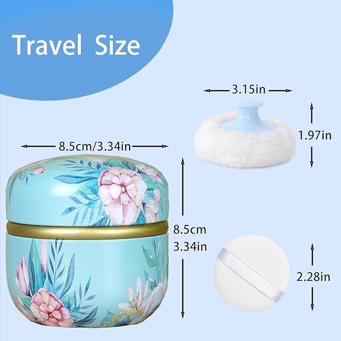 SHIMIDO Body Powder Puff and Container, 3.15" Portable Empty Body Powder Container for Baby Women's Loose Dusting Powder, Powder Case Box with Lids for Bath, Travel and Home Use (Dark&Big Flower)