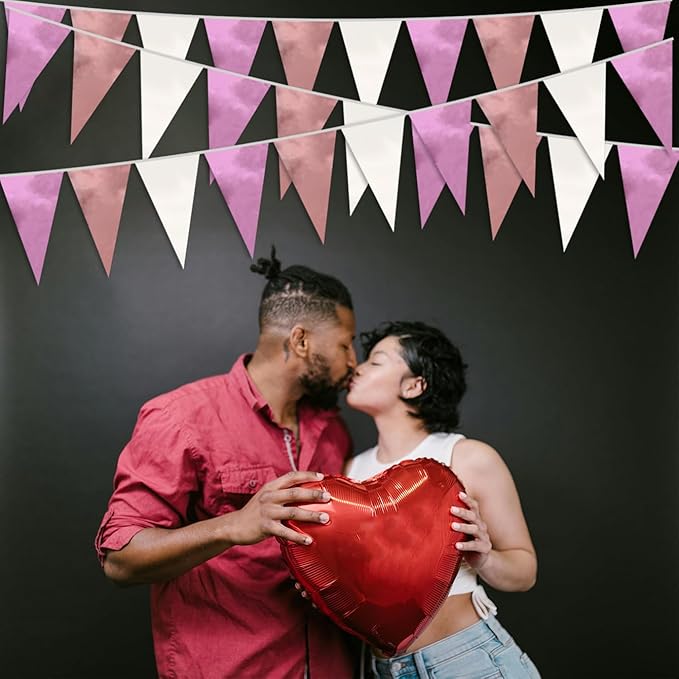 20M/65FT Rose-Gold Pink Triangle Pennant Banner Flag Metallic Fabric Bunting Garland for Christmas Graduation Wedding Engagement Anniversary Bachelorette Birthday Bridal Shower Hen Party Supplies