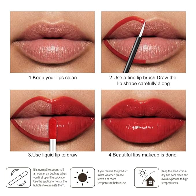 evpct Bright Fire Red Shiny Longwear No-Budge Liquid Lip Color Lipstick Makeup, Highly Pigmented Color Instant Shine, Waterproof Long Lasting Lipstick Women Lip Stain Gloss with Lip Liner Brush, 05#