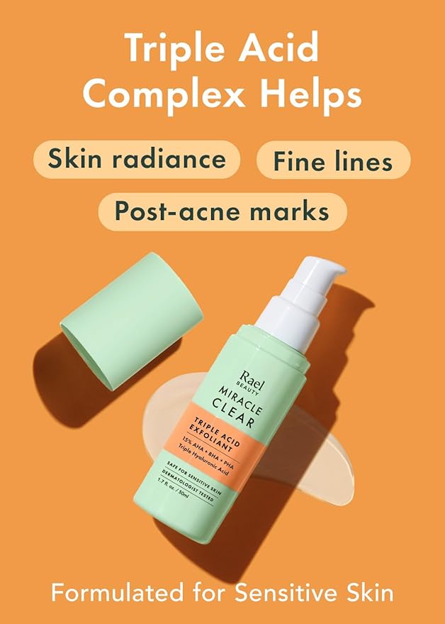 Rael Face Exfoliator, Miracle Clear – Exfoliating Serum with 15% AHA/BHA/PHA Complex and Hyaluronic Acid, Hydration, Korean Skin Care (1.7 fl oz)