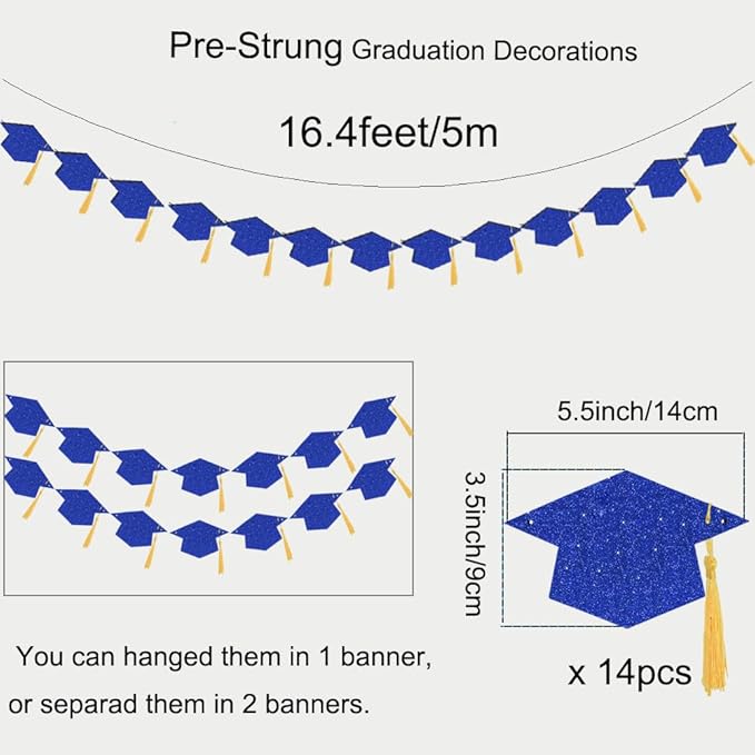 2025 Blue Glitter Graduation Decoration Hats Banners with Tassel Class of 2025 Graduation Banners Garlands for College High School Graduate Party Decorations