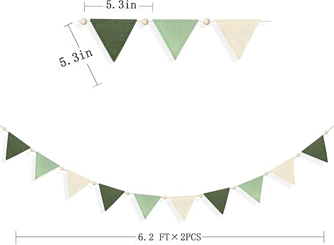 2 Sets of Sage Green Wood Beads Pennant Banner 20Pcs Flags Nursery Garland Olive Green Fabric Linen Triangle Streamers for Baby Room Decor Kids Jungle Safari Birthday Baby Shower Party Decorations
