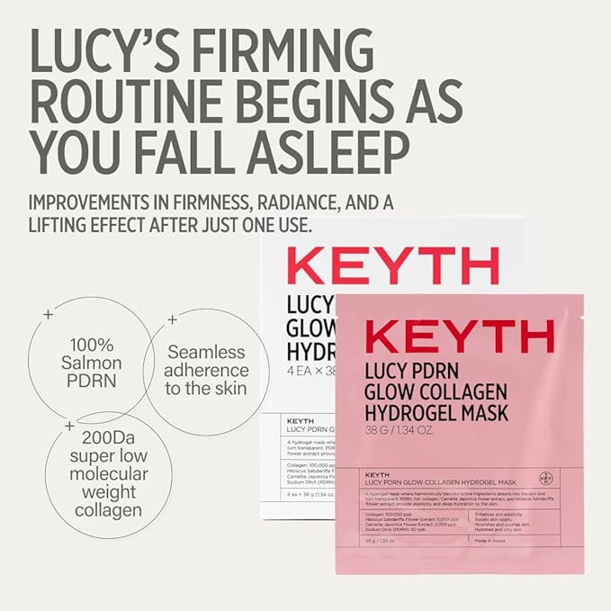 KEYTH LUCY PDRN GLOW COLLAGEN HYDROGEL MASK 4EA X 38G (1.34 OZ.) / Skin Elasticity Enhancement, Vitality Boosting, Nourishment & Soothing, Deep Hydration
