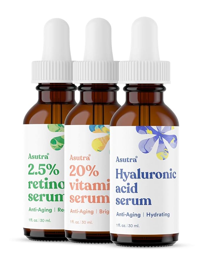ASUTRA Face Serum Variety Pack, 3 Products - 1 fl oz 2.5% Retinol, 1 lf oz 20% Vitamin C, 1 fl oz Hyaluronic Acid Face Serum