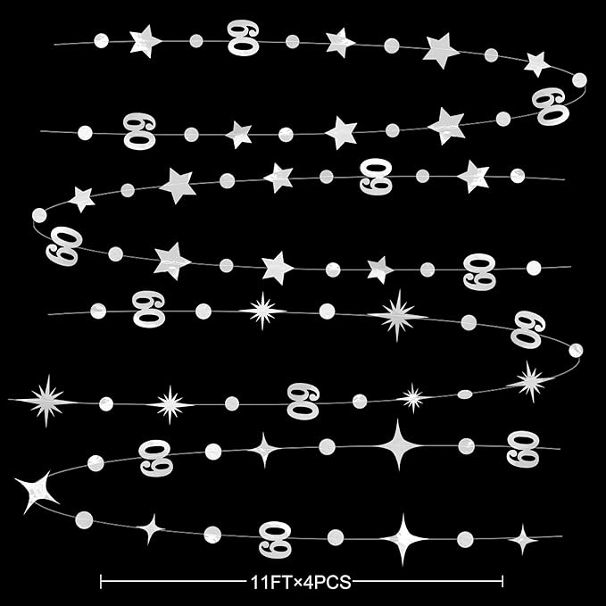 Silver 60th Birthday Decorations Number 60 Circle Dot Star Garland Hanging Streamer Bunting Banner Backdrop for Mens Cheers to 60 Years Old Happy 60th Birthday 60th Anniversary Sixty Party Supplies