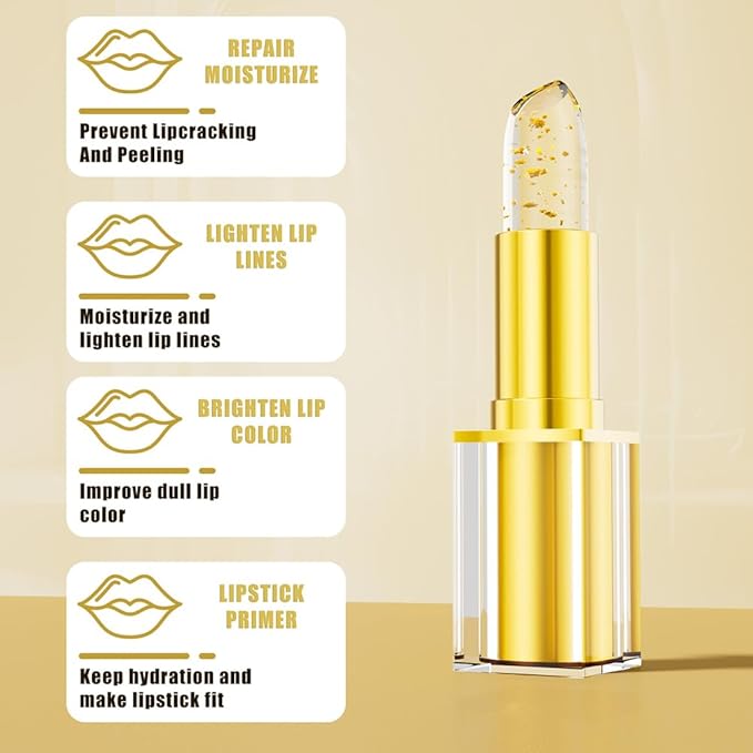 Color Changing Lipstick-Transferproof, Gold Crystal Ph Color Changing Lipstick, Clear Lip Stick That Changes Color, Moisturizing Glossy Shine Lip Balm, Hydrating Non-Sticky Lip Gloss for Women
