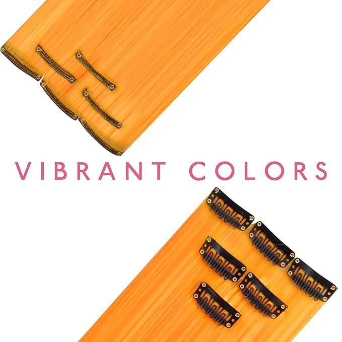 WENNALIFE 12 PCS Orange Hair Extensions Clip in, Colored Clip in Hair Extensions for Kids Highlights Rainbow Hair Clips for Girls Synthetic Straight Pop-up Style Colorful Girls Hair Accessories