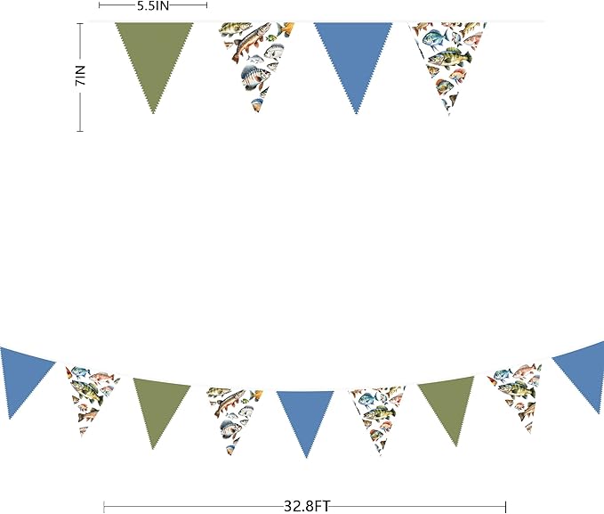 32Ft Gone Fishing Party Decorations Blue Green Fish Print Fabric Pennant Banner Triangle Flag Garland Streamer for Gone Fishing Birthday Little Fisherman Baby Shower Outdoor Fish Party Supplies