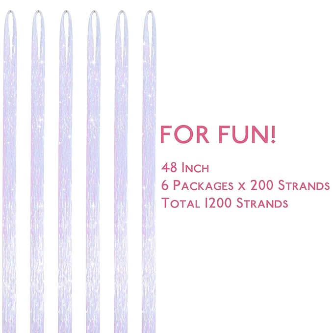 WENNALIFE Hair Tinsel for Girls, Bright White Fairy Kit 1200 Strands 6PCS 48 Inch Heat Resistant Glitter Tinsel Hair Extensions Kit Christmas Feathers Sparkle Strands