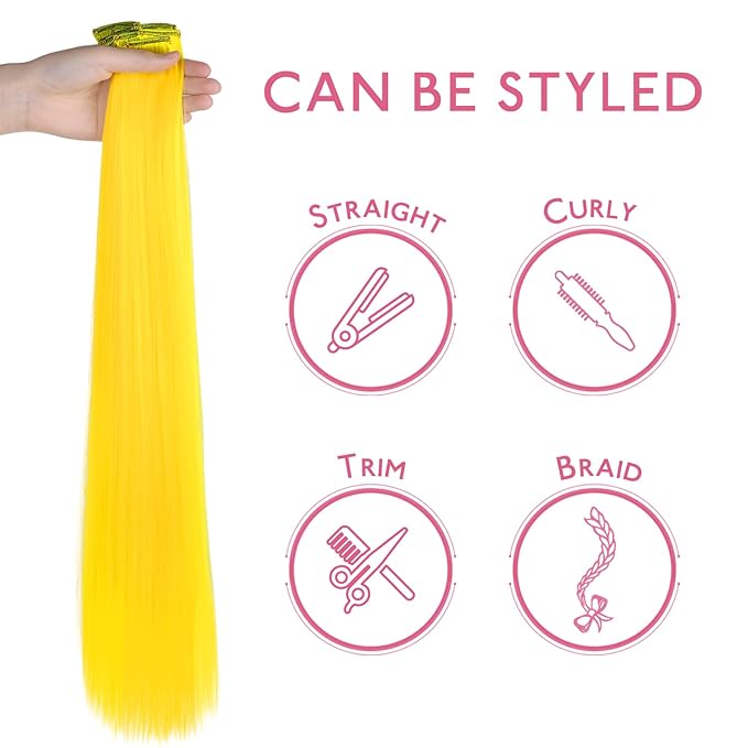 WENNALIFE 12 PCS Yellow Hair Extensions Clip in, Colored Clip in Hair Extensions for Kids Highlights Rainbow Hair Clips for Girls Synthetic Straight Pop-up Style Colorful Girls Hair Accessories