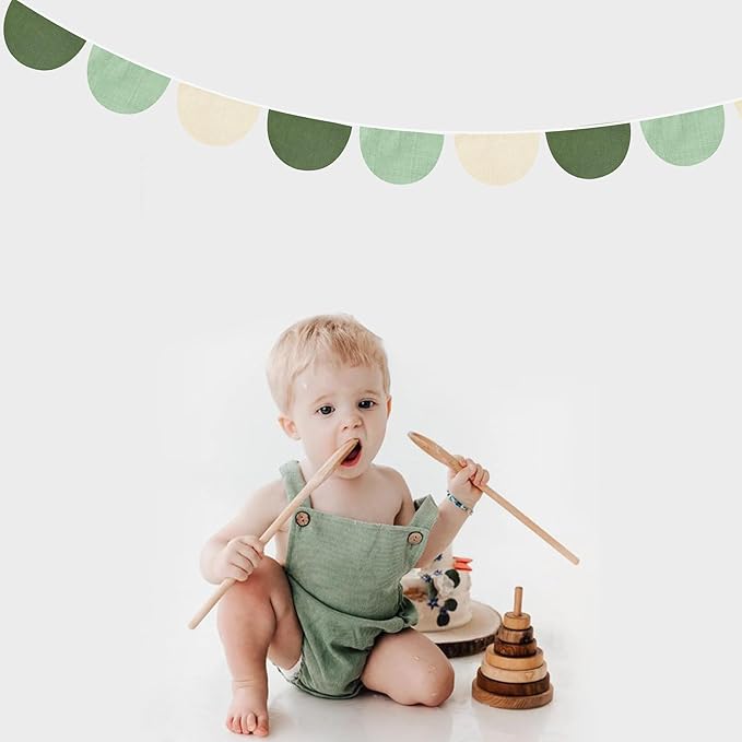 2 Sets of Sage Green Half Round Banner 18Pcs Nursery Garland Flags Olive Green Fabric Semicircle Streamers for Baby's Room Decor Kids Jungle Safari Summer Birthday Baby Shower Boho Party Decorations
