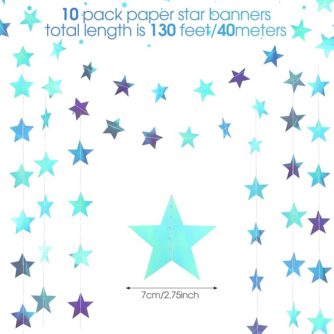 Patelai Glitter Star Garland Banner New Years Decor 130 Feet Star Hanging Banner Twinkle Backdrop for Birthday Classroom Wedding Halloween Christmas Party Supplies(Iridescent Blue)