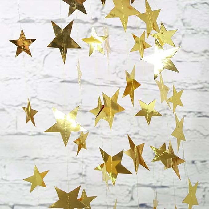 Yzurbu 130ft Gold Star Garland, 10 Strings Double Side Hanging Sparkly Paper Star Banner Decorations for Birthday Wedding Bachelor Baby Shower Christmas Bachelorette Party