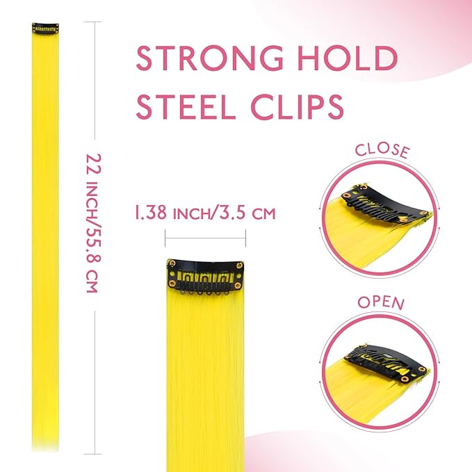 WENNALIFE 12 PCS Yellow Hair Extensions Clip in, Colored Clip in Hair Extensions for Kids Highlights Rainbow Hair Clips for Girls Synthetic Straight Pop-up Style Colorful Girls Hair Accessories