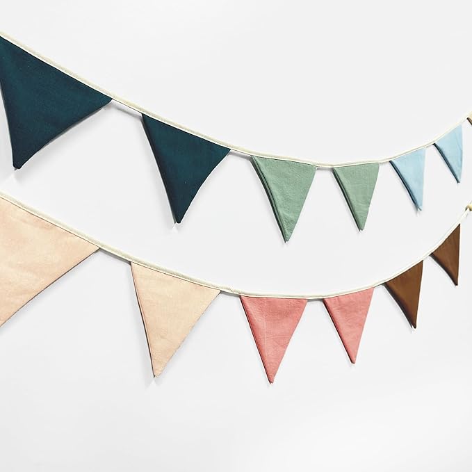 2 Sets of Brown Pink Blue Green Nursery Garland 24pcs Rainbow Linen Fabric Baby Banner Triangle Pennant Flags Streamers for Kids Birthday Boho Baby Shower Party Decorations Baby Bedroom Nursery Decor