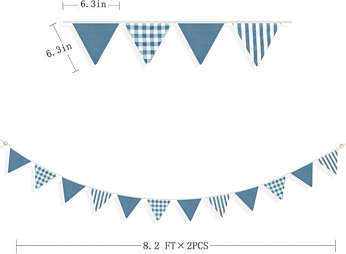 2 Sets Blue Pennant Banner Flags 24Pcs Blue Plaid Striped Nursery Garland Linen Fabric Triangle Streamers for Baby Playroom Decor Boys Nautical Checkered Birthday Baby Shower Party Decorations