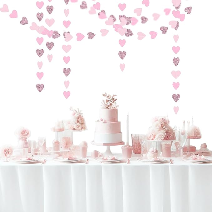 Rose-Gold Hot-Pink Decorations for Party - 52Ft Heart Paper Garland Decoration Streamers Birthday Banner Bridal Baby Shower Wedding Bachelorette Engagement Graduation Hanging Decor Hongtongtong