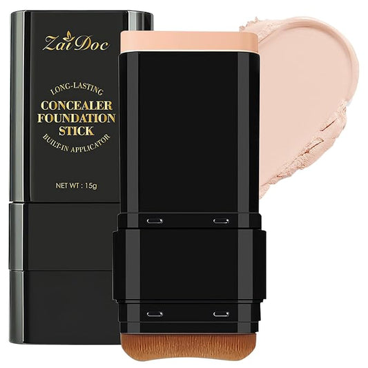 Concealer Foundation Stick, 2-in-1 Long-Lasting Foundation and Concealer with Brush, Creamy Full Coverage for Dark Circles & Blemishes, Hydrating Olive & Camellia, 2.09 Oz (03#)