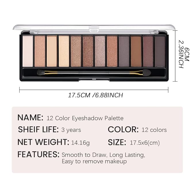 12 Colors Eyeshadow Palette – Neutral Warm Tone Matte & Glitter Eye Makeup Palette, High Pigment Waterproof Eyeshadow Kit for Women – Blendable Natural Brown, Nude, Rose Gold Shimmer Makeup 01#