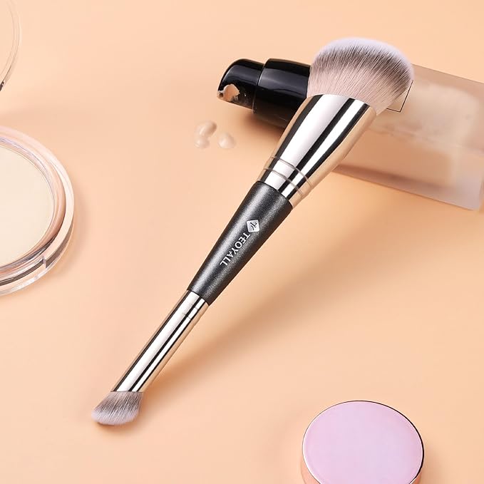 TEOYALL Dual-Ended Foundation Under Eye Concealer Brush, Curved Angled Contour Synthetic Bristles for Liquid Cream Powder