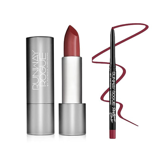 Runway Rogue ‘Work the Crowd’ Matte Soft Berry Nude 90s Vibe Lipstick Bundle with ‘Get the Look’ Garnet Maroon Designer Liner Lip Liner Pencil and Sharpener