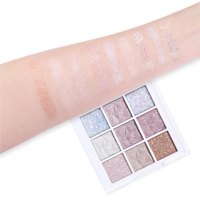 Glitter Shimmer Eye Shadow Palette Makeup,Pink White Purple Sparkle Warm Pastel 9 Colors Eye Shadow Palette,Nude White Eyeshadow Palette Colorful Long Lasting Waterproof Naturing-Looking