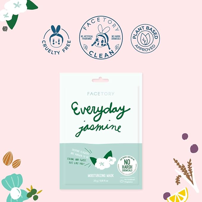 FACETORY K Beauty Face Mask Skin Care - Everyday JASMINE Moisturizing Sheet Mask | Plant-Based with Jasmine Infusion (10 Pack)
