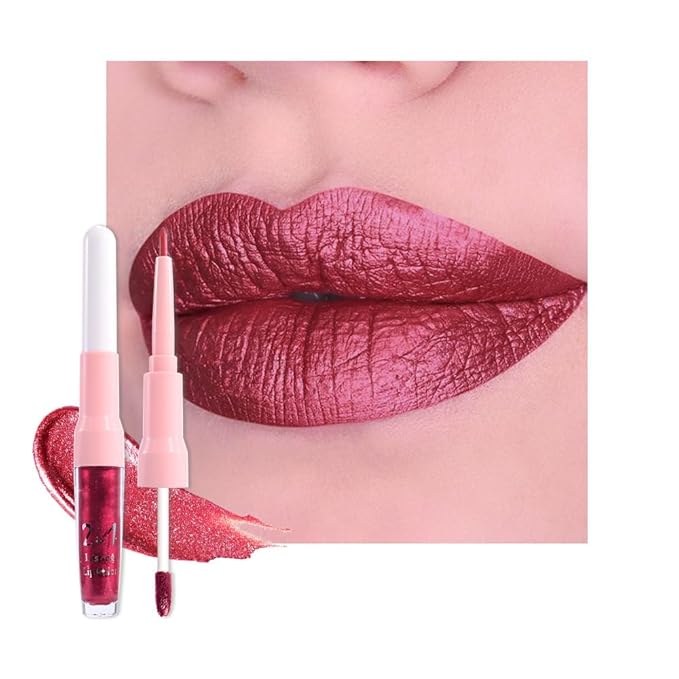 evpct Burgundy Plum Red Metallic Glitter Lip Liner and Lipstick Combo Lip Gloss Stain Set Makeup for Women Long Lasting Waterproof 24, Non Stick Cup Metal Shine Shimmer Iridescent Liquid Lipstick 23