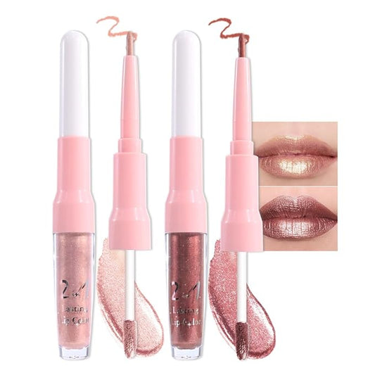 evpct 2Pcs Beige Gold Mature Red Metallic Glitter Lip Liner and Lipstick Combo, Shimmery Lip Gloss Stain Set Makeup for Women LongLasting Waterproof, Metallic Shimmer Iridescent Glossy Liquid Lipstick