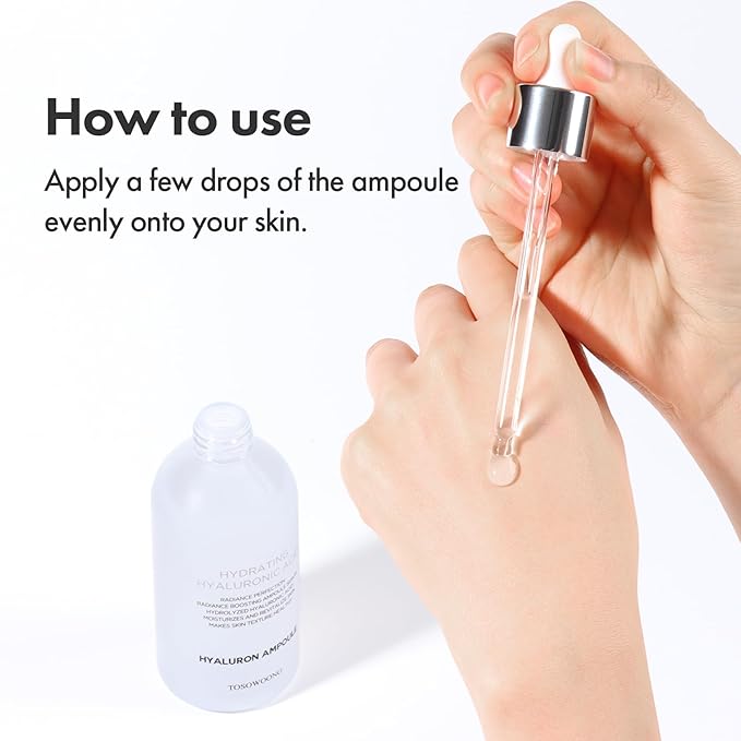 TOSOWOONG Hyaluronic Acid Ampoule, Hydrating Glow and Skin Barrier Protection, Anti-Aging Face Serum for Dry Skin, Korean Skincare Beauty Products, 100ml, 3.38 fl. oz.
