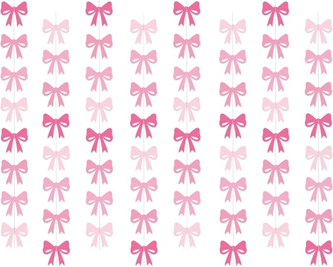 8Pcs Pink Bow Hanging Banner Pink Bow Garland for Bow Theme Birthday Party Decorations Girl Birthday Bachelorette Baby Shower Bridal Shower Party Supplies