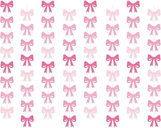8Pcs Pink Bow Hanging Banner Pink Bow Garland for Bow Theme Birthday Party Decorations Girl Birthday Bachelorette Baby Shower Bridal Shower Party Supplies