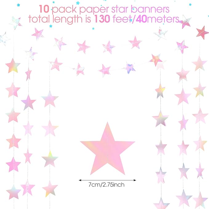 Patelai Glitter Star Garland Banner New Years Decor 130 Feet Star Hanging Banner Twinkle Backdrop for Birthday Classroom Wedding Halloween Christmas Party Supplies(Iridescent Pink)