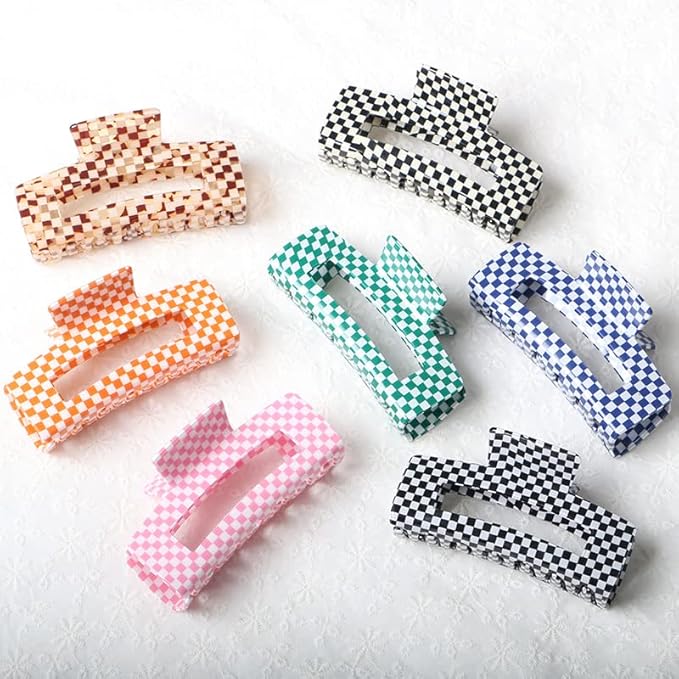 Vintage Checkered Cellulose Acetate Hair Claw Clips for Women and Girls, Pack of 1 - Nonslip Banana Clamp (Blue, L)