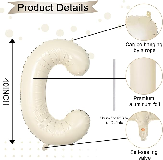 40 Inch Letter Balloons C, Big Custom A-Z Alphabet Foil Name Balloon Cream White, Self Inflating Beige Customize Helium Balloon Letters C for Women Girls Birthday Bride Baby Shower Party Decorations