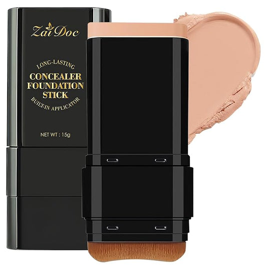 Concealer Foundation Stick, 2-in-1 Long-Lasting Foundation and Concealer with Brush, Creamy Full Coverage for Dark Circles & Blemishes, Hydrating Olive & Camellia, 2.09 Oz (04#)