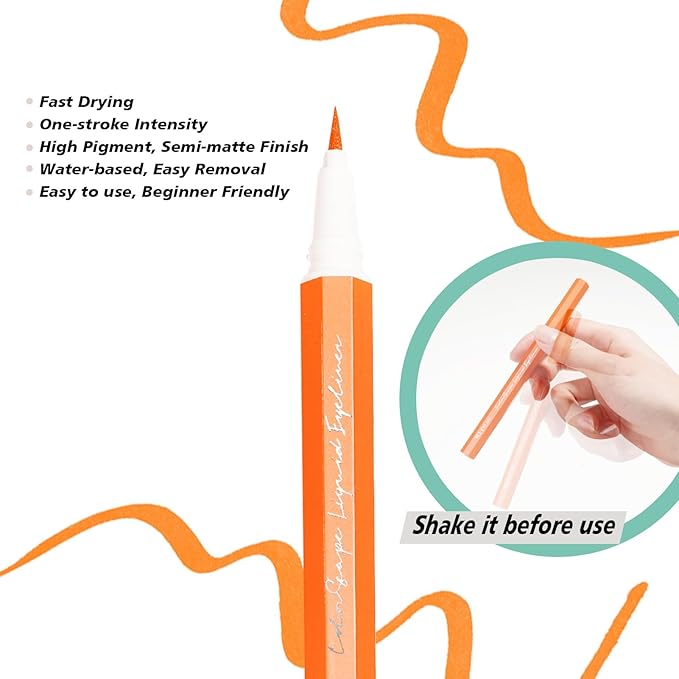 Liquid Eyeliner, Ultra Fine Orange Eyeliner, Long Lasting Colorful Eye Liner Pen with Felt Tip, High Pigment,Water Removable, Party Makeup Body Art Use (Tangerine Burst)