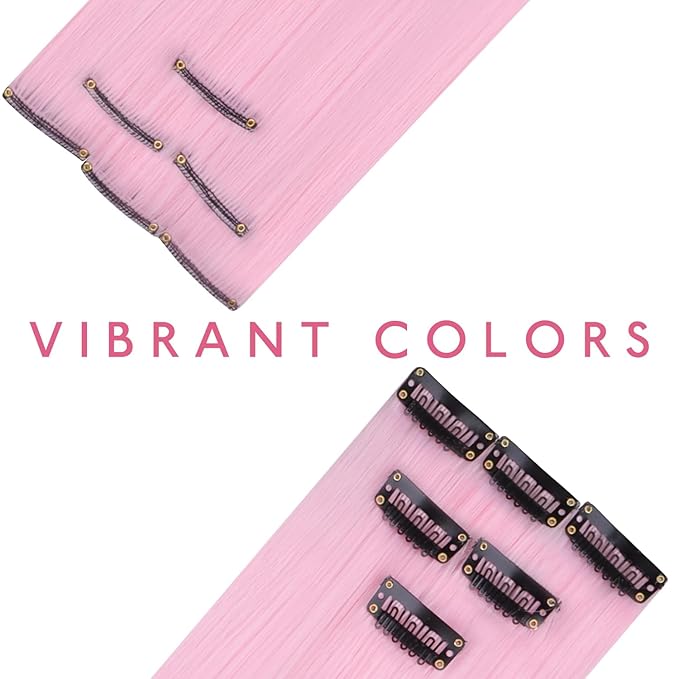 WENNALIFE 12 PCS Pink Hair Extensions Clip in, Colored Clip in Hair Extensions for Kids Highlights Rainbow Hair Clips for Girls Synthetic Straight Pop-up Style Colorful Festival Girls Hair Accessories