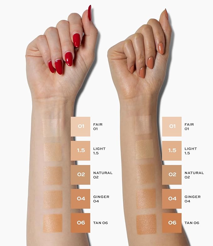 MAKE Beauty Diffusion Dew Skin Tint. Sheer to Medium Coverage Radiant Finish. Blurring, Smoothing, and Brightening for Glowing Complexion. Enhanced with Niacinamide and Adenosine. Fair 01